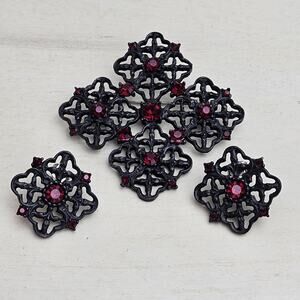 Costume Earrings and Brooch Set Beautiful Black Squares Purple Rhinestone